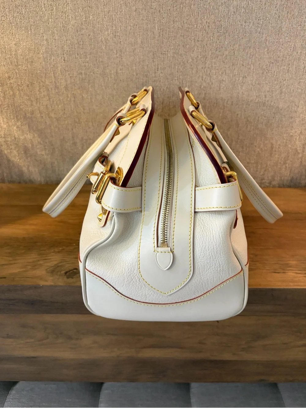 Louis Vuitton White Leather Satchel with Gold Hardware